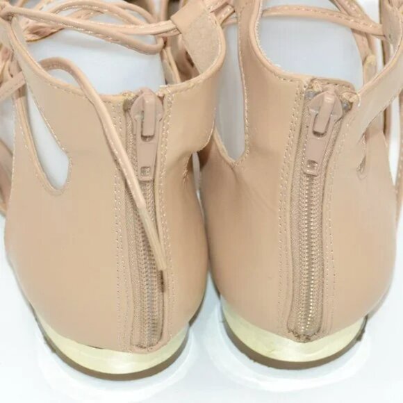 F21 Forever 21 Beige Tan Lace-Up Gladiator Flats Gold Heel Pointed Toe Shoes 9 - Picture 7 of 9